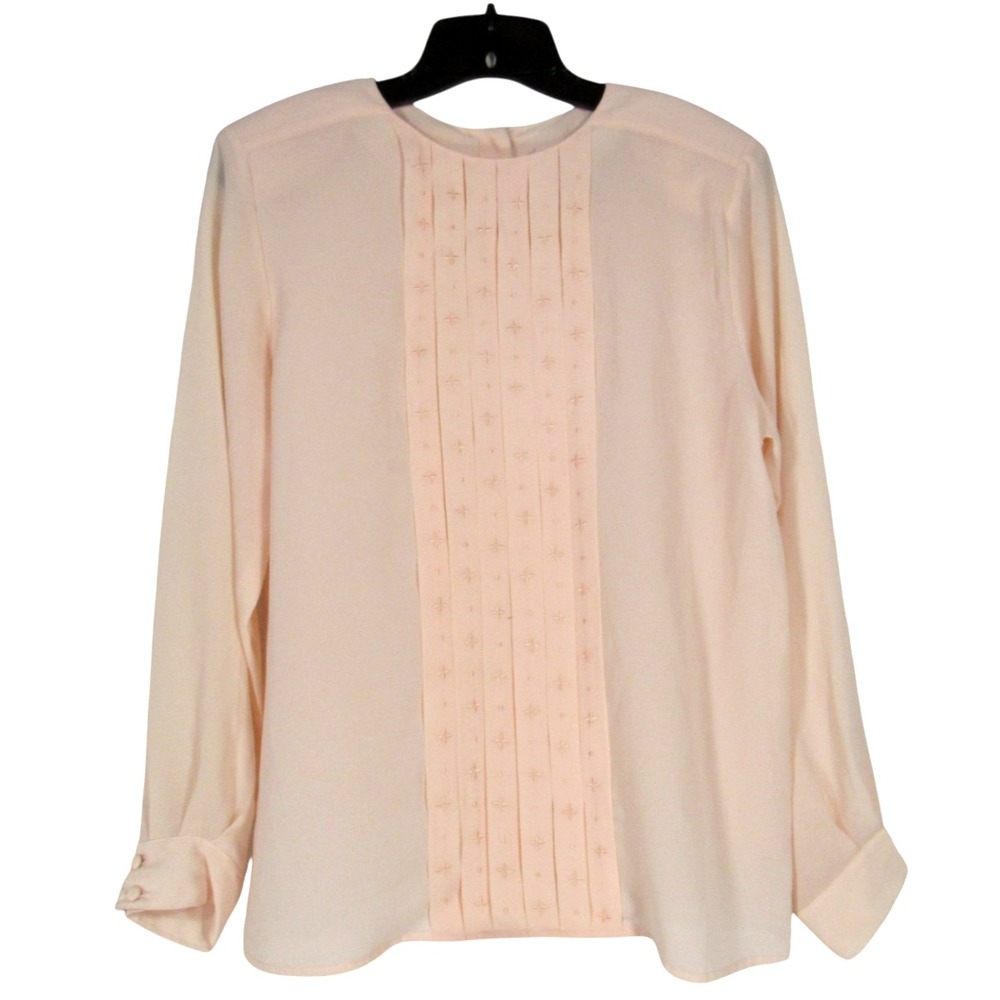 SHERIDAN SQUARE Thin CREPE Peach PLEATED CROSS EMBROIDERED Button BLOUSE/TOP 12